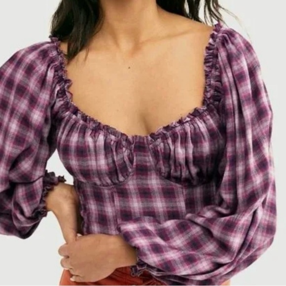 Free People Purple Cherry Bomb Plaid Top - Size S - Picture 1 of 9